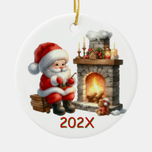 Årets tomte vid elden julgransprydnad keramik