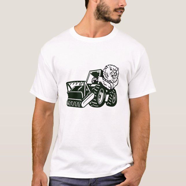 Arg Beaver Driving Mulching Tractor Mascot T Shirt (Framsida)