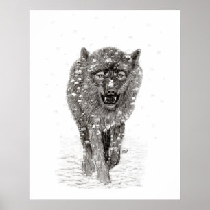 Arg Black Varg i Snö, vild Winter Poster