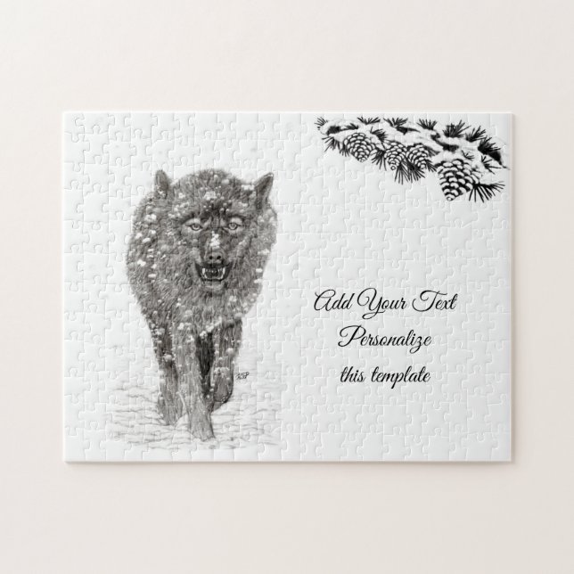 Arg Black Varg i Snö, vild Winter Pussel (Horisontell)