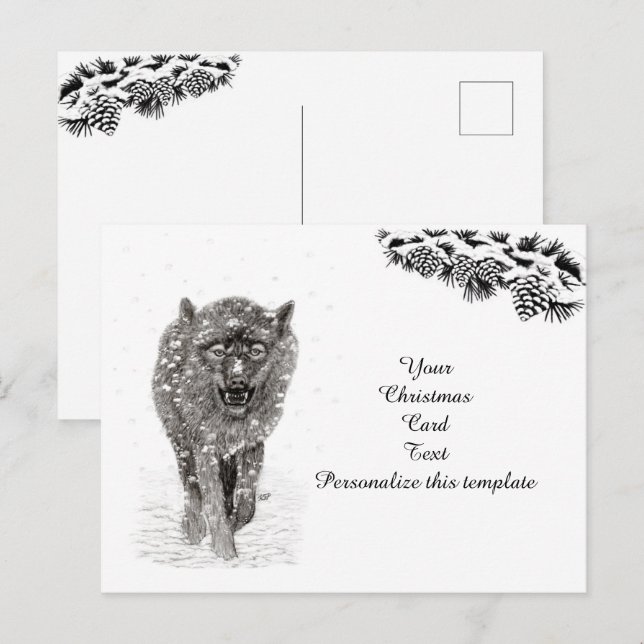 Arg Black Varg i Snö, vild Winter Vykort (Fram/baksida)