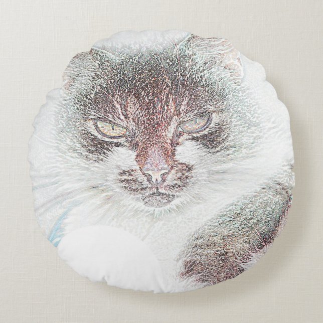 Arg Cute Cate Ansikte Sketch Rund Kudde (Framsidan)