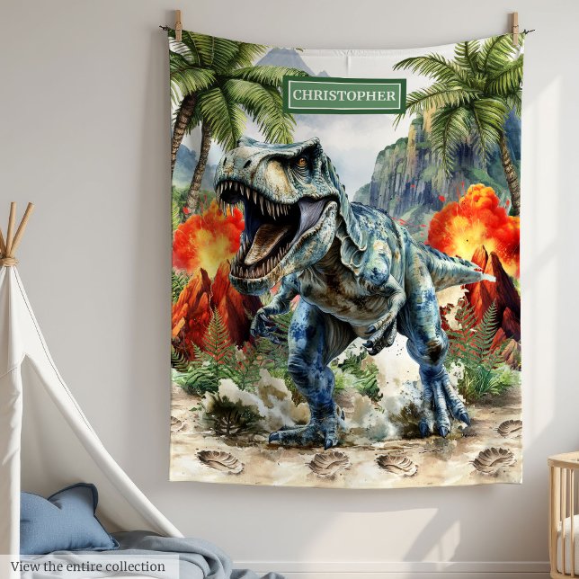Arg Dinosaur Blanket Personlig med Kids Namn Fleecefilt (Angry Dinosaur Blanket Personalized with Kids Name)