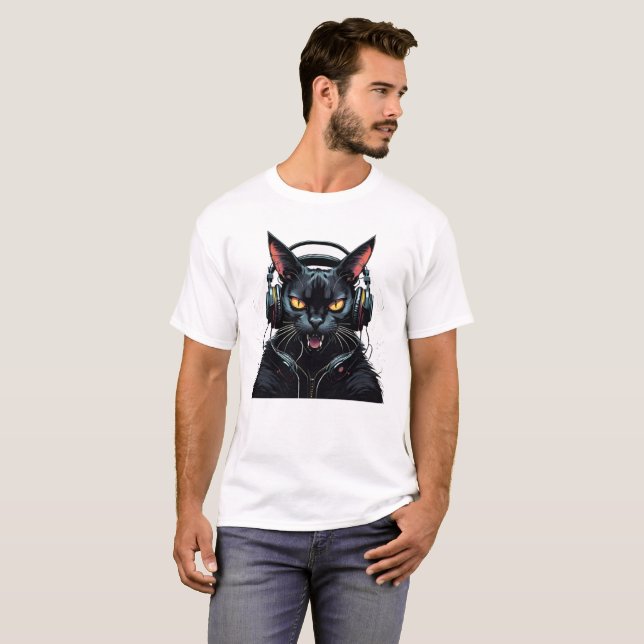 arg katt med hörlurar, gullig arg katt t shirt (Hel framsida)