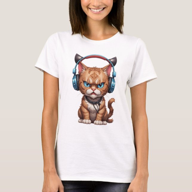arg katt med hörlurar, gullig arg katt t shirt (Framsida)