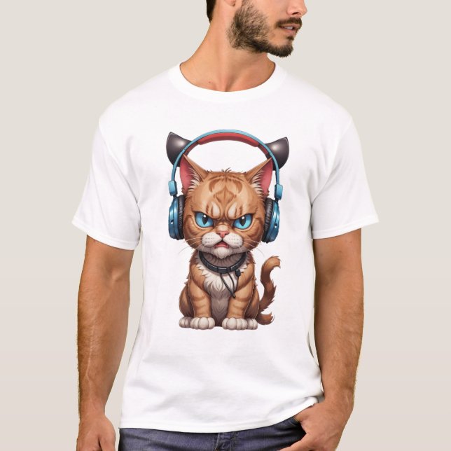arg katt med hörlurar, gullig arg katt t shirt (Framsida)