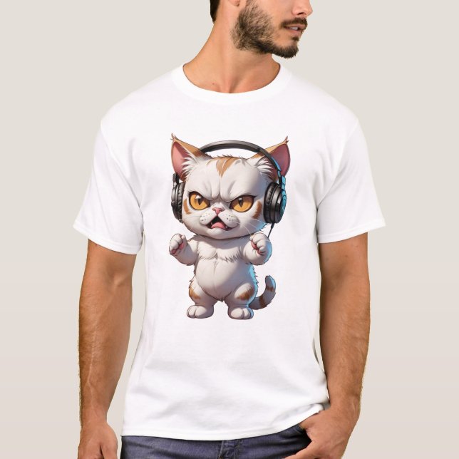 arg katt med hörlurar, gullig arg katt t shirt (Framsida)