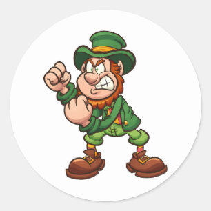 arg leprechaun som håller fiber upp redot för att runt klistermärke