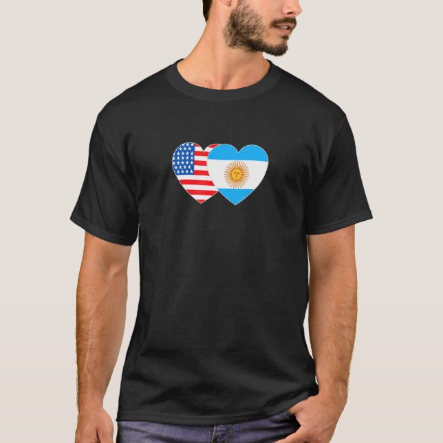 Argentina and USA Flag Twin Heart for Argentine Am T Shirt (Framsida)