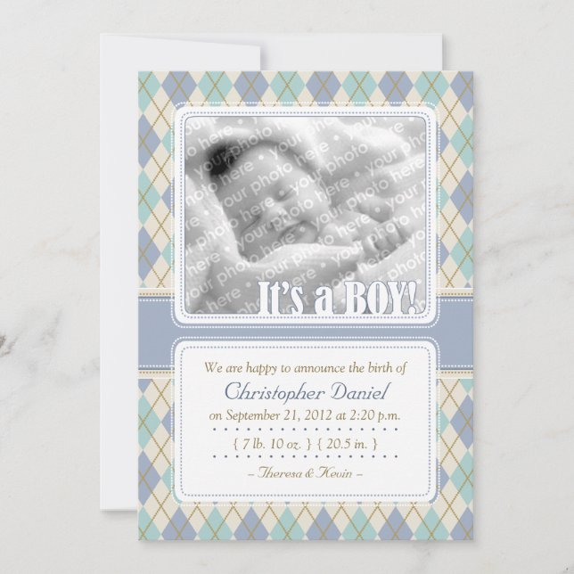 Argyle Birth Notification (Blue & Aqua) Meddelande (Framsida)