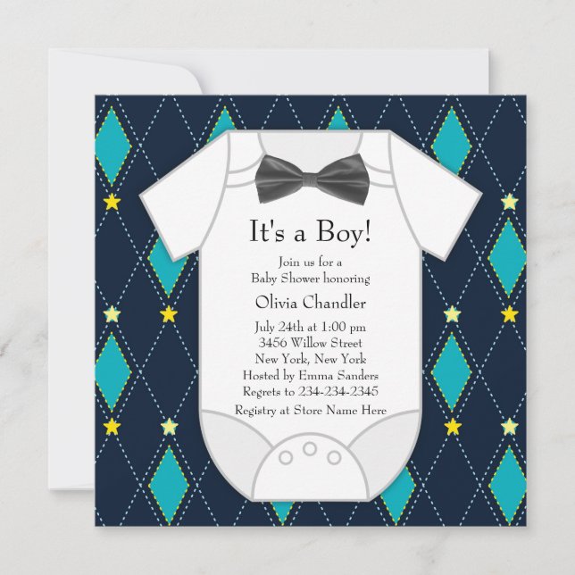 Argyle Blå Gul Pojke Baby Bebis Shower Inbjudningar (Framsida)