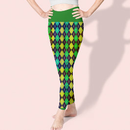 Argyle Blue Grönt Gult Mönster Elegant Söt Leggings