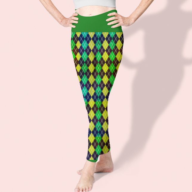 Argyle Blue Grönt Gult Mönster Elegant Söt Leggings (Skapare uppladdad)