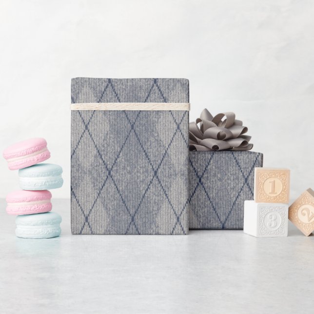 Argyle Fabric look Faux Struktur Grått Blue Presentpapper (Baby Shower)