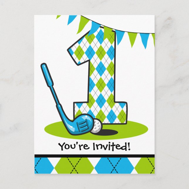 Argyle Golf 1st Birthday Postcard-inbjudan Inbjudan Vykort (Framsida)