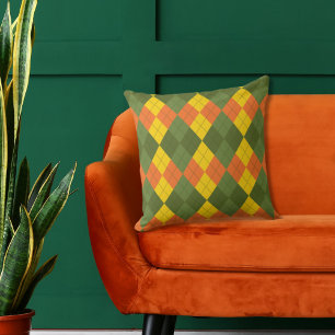 Argyle Grönt Guld Orange Dekorativ kudde