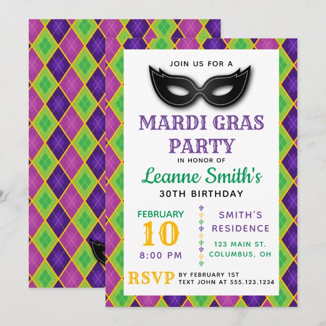 Argyle Mardi Gras-fest Invitation Inbjudningar (Fram/baksida)