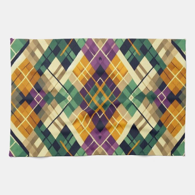 Argyle Mardi Gras gult lila grönt Kökshandduk (Horisontell)