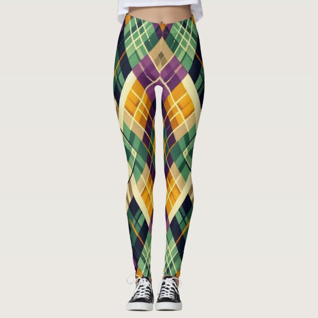 Argyle Mardi Gras gult lila grönt Leggings (Framsida)