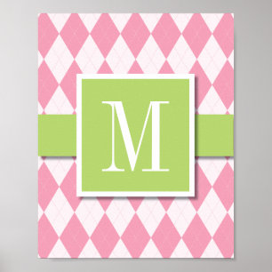 Argyle Monogram Wall Art, Rosa & Lime Poster