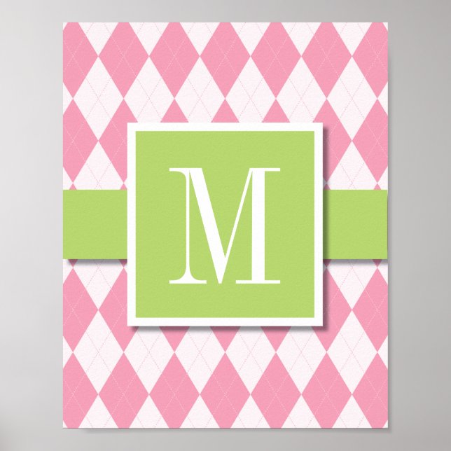 Argyle Monogram Wall Art, Rosa & Lime Poster (Framsidan)