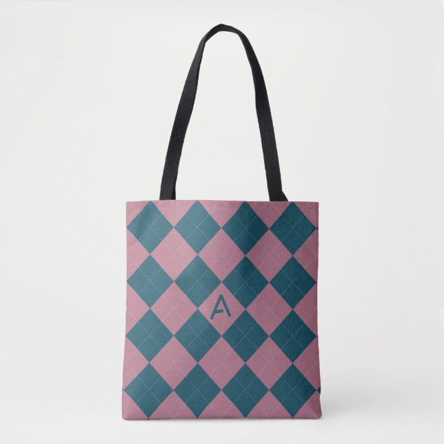 Argyle-mönster monogram havsblå rosa handväska tygkasse (Framsida)