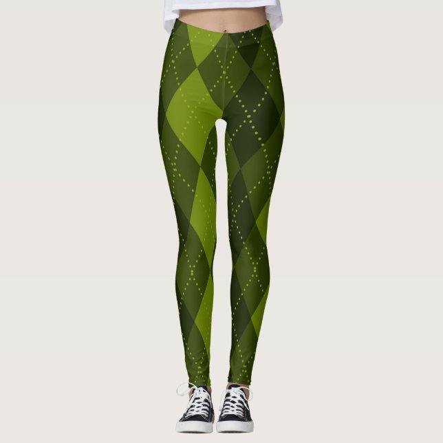 Argyle Mönster - Mörk Oliv grönt Leggings (Framsida)