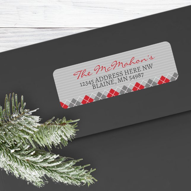Argyle Red & Grått Helgdag Returetiketter Returadress Etikett (Modern Elegant Argyle Christmas Return Address Labels for Holiday Greeting Cards & More!)