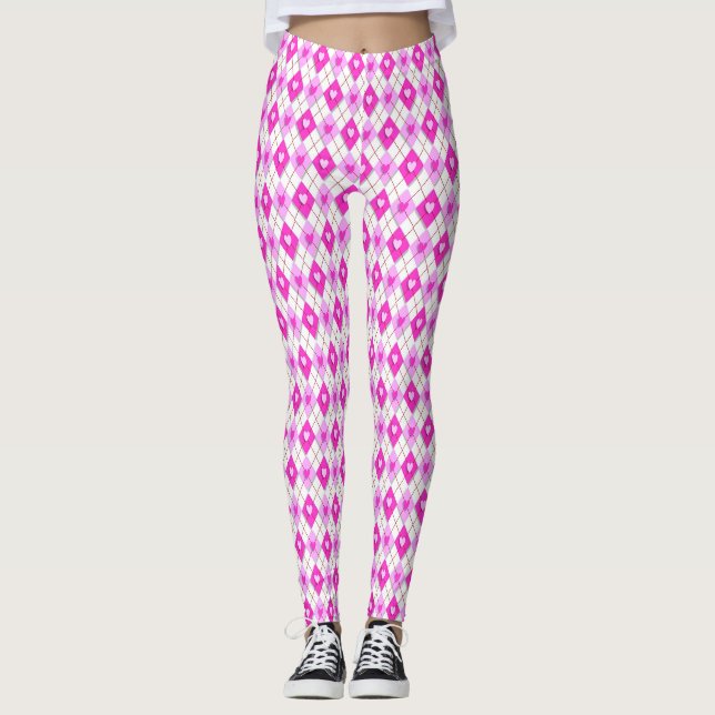 Argyle Rosa Diamonds Hearts Mönster Leggings (Framsida)