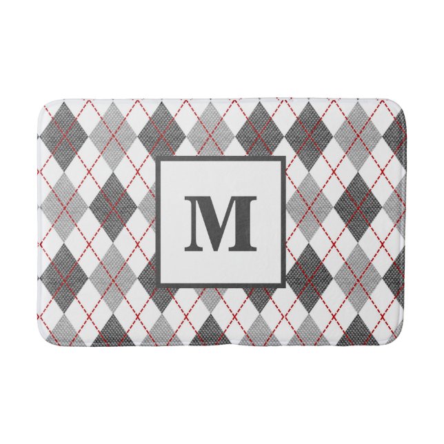 Argyle-rutigt mönster rött grått silver monogram badrumsmatta (Framsidan)