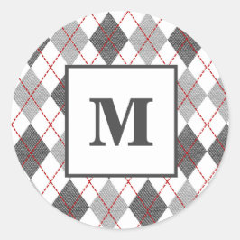 Argyle-rutigt rött grått silver anpassad monogram runt klistermärke