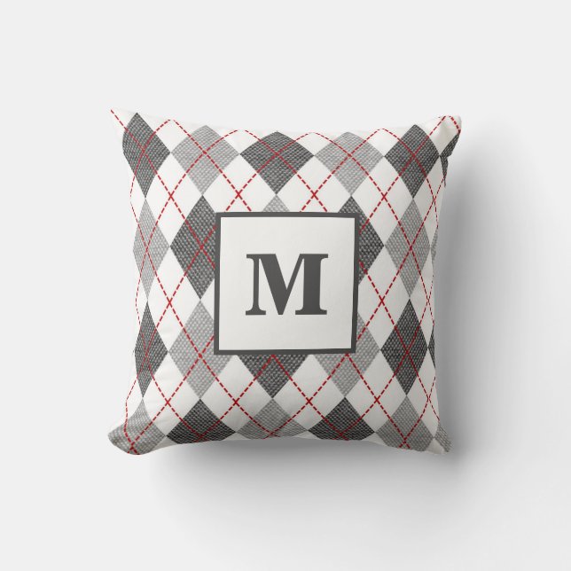 Argyle-rutigt rött grått silver Monogram Initial Kudde (Framsida)