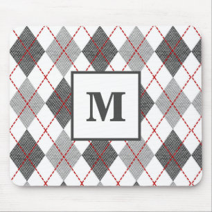 Argyle-rutigt rött grått silver monogram musmatta