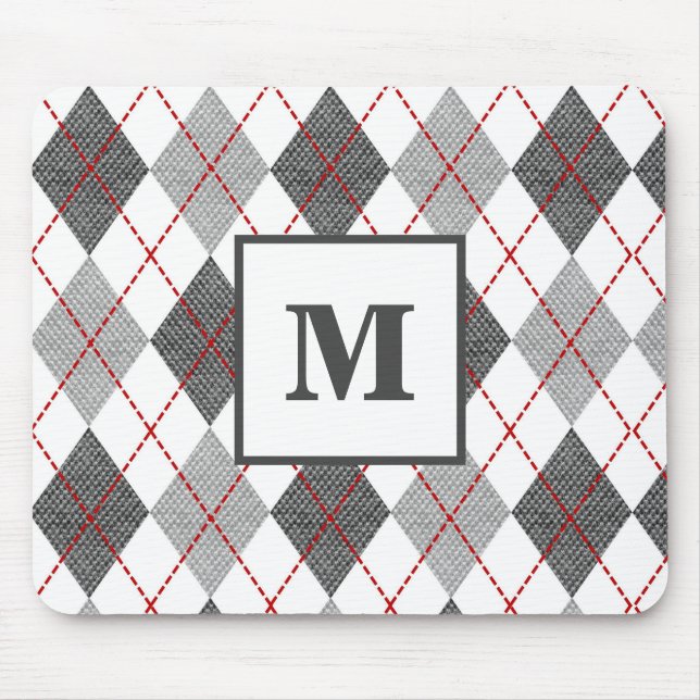 Argyle-rutigt rött grått silver monogram musmatta (Framsidan)
