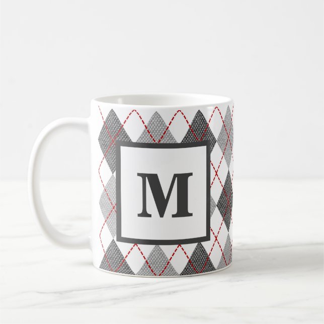 Argyle-rutigt rött grått silvermonogram kaffemugg (Vänster)