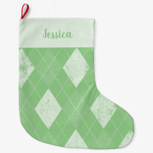 Argyle slitgrön och vit stor julstrumpa