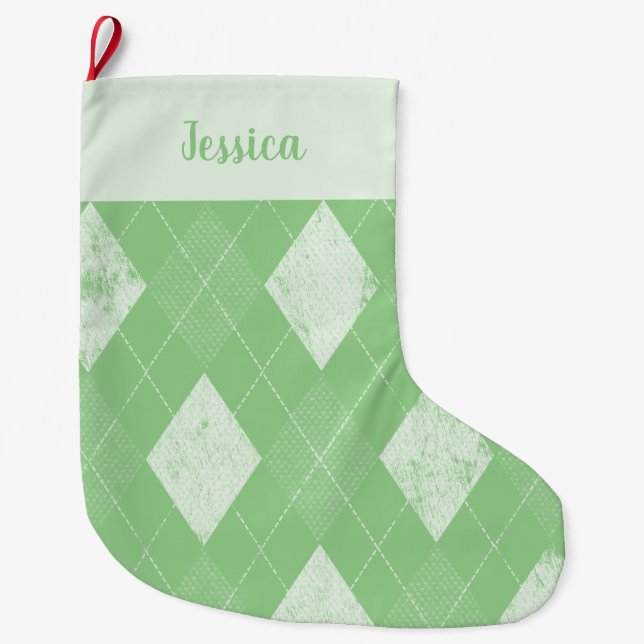 Argyle slitgrön och vit stor julstrumpa (Framsidan)