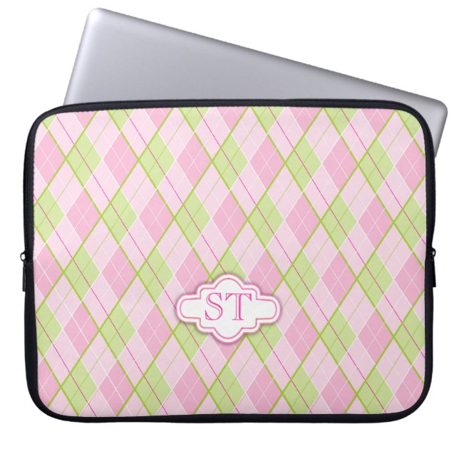 Argyle stil mönster rosa mongram bärbar dator fodr laptop sleeve (Framsidan)