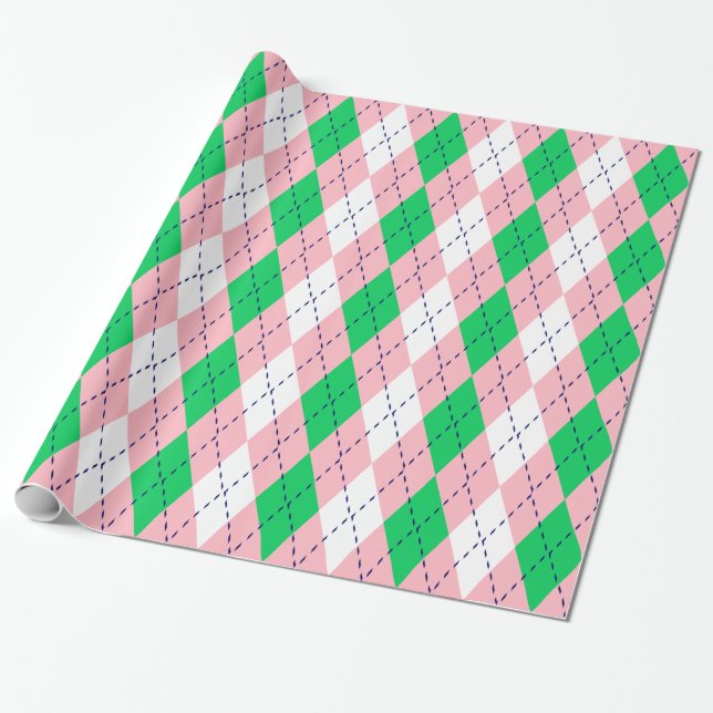 Argyle XL Rosa Marinblå Grön Vit Presentpapper (Utrullad)