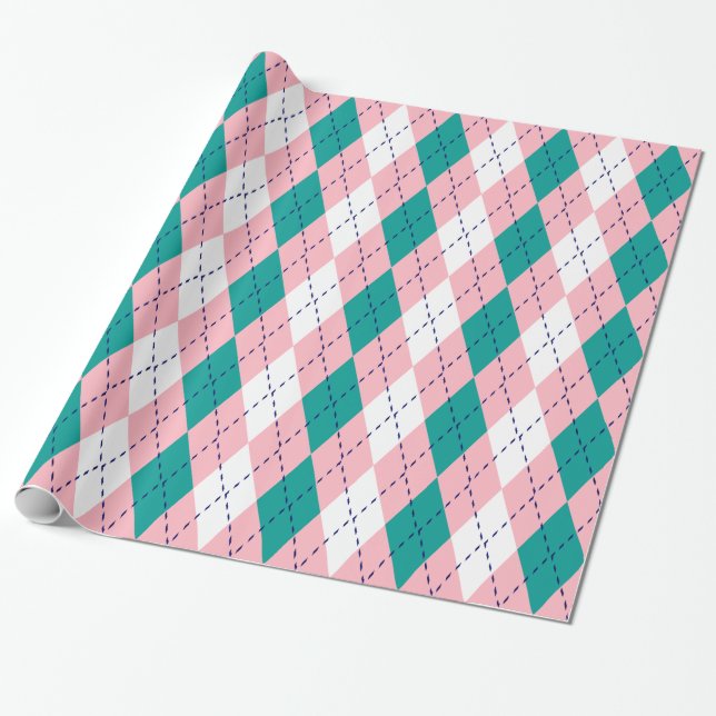 Argyle XL Rosa Marinblå Vit Presentpapper (Utrullad)