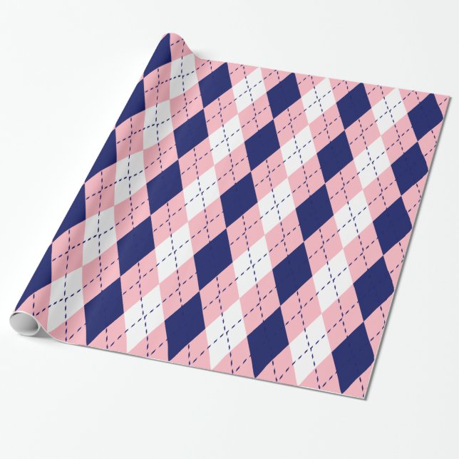 Argyle XL Rosa Navy Blue Wht Presentpapper (Utrullad)