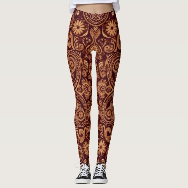 Aria Grace Maroon Daisy Paisley Broderimönster Leggings (Framsida)