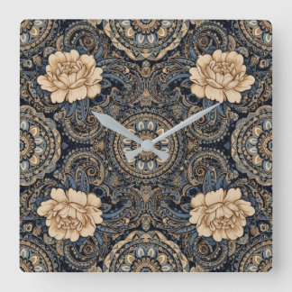 Aria Grace Midnight Blue Peony Paisley Wall Clock Fyrkantig Klocka