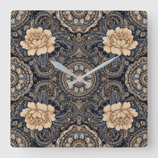 Aria Grace Midnight Blue Peony Paisley Wall Clock Fyrkantig Klocka (Framsida)