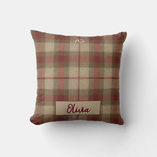 Aria Grace Olive & Wheat Rustic Plaid Pattern Name Kudde (Framsida)