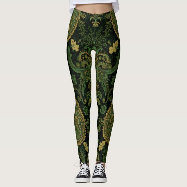 Aria Grace Regal Emerald Paisley Boho Design Leggings (Framsida)