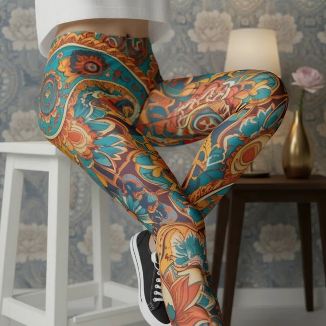 Aria Grace Vibrant Turkos Senap Paisley Leggings (Pose 4 – Seated Confidence on th)