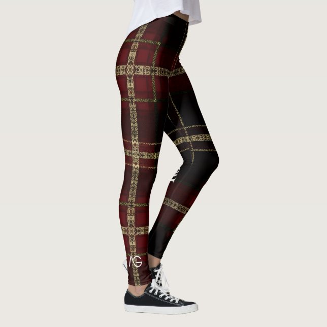 AriaGrace Regal Burgundy Gold Plaid Pattern Vol 23 Leggings (Höger)