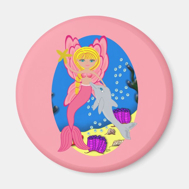 Ariel, Rosa Merfaery och Dolphin Round Magnet (Framsidan)