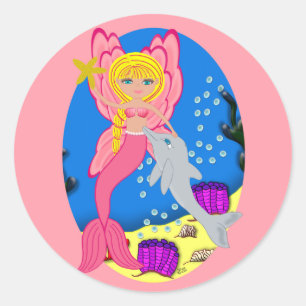 Ariel, Rosa Merfaery och Dolphin Sticker Runt Klistermärke